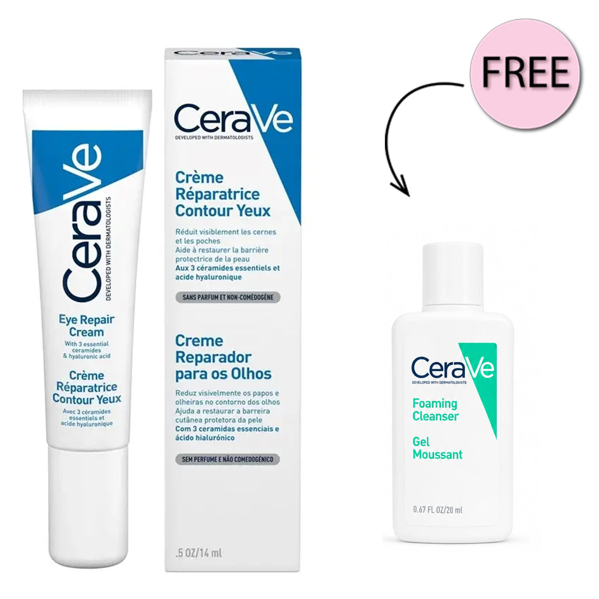 Cerave Eye Repair Cream for Dark Circles and Puffiness with Hyaluronic Acid 14Ml +Free Cerave Foaming Cleanser 20ml